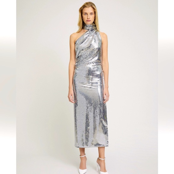 NEW ATTICO designer formal silver sequin midi halter dress IT 44 / US 8 $1621 - Picture 1 of 16